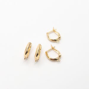 May include: Four gold-toned earring findings with a polished finish. Two findings are shown from the side, displaying a smooth curved shape, while the other two are shown from the front, featuring a hinged lever-back mechanism and a small loop.