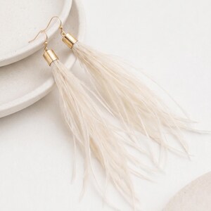 Puede incluir: Un par de pendientes largos de plumas color crema con detalles met&aacute;licos dorados. Los pendientes se exhiben sobre una superficie blanca, mostrando su dise&ntilde;o delicado y fluido. Los pendientes tienen un cierre de gancho.