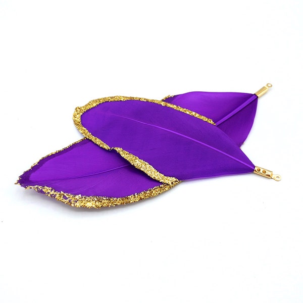 Feather Pendant in PURPLE with Dipped Gold Glitter and Connector Cap for Jewelry or Craft, FINAL SALE by 2 Pieces