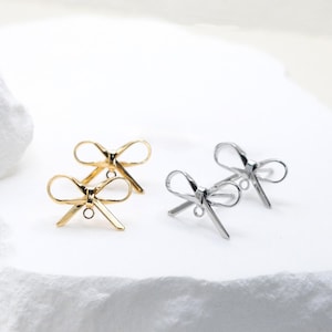 10/50pcs Bow Earring Studs with Loop | 18K Gold or Platinum Plated Brass | Ribbon Bowknot Post Findings for DIY Jewelry | Coquette Style