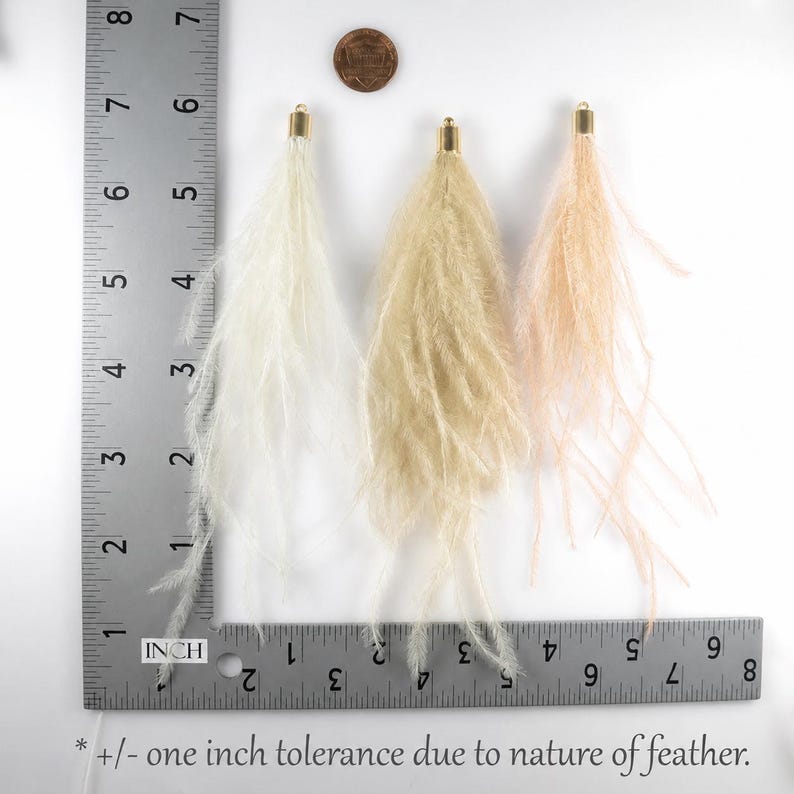 Puede incluir: Tres colgantes de plumas en tonos crema, beige y melocot&oacute;n, cada uno con una tapa dorada. Una regla muestra que los colgantes miden aproximadamente 15 cm de largo. Se incluye una moneda de un centavo como referencia de tama&ntilde;o. El texto en la parte inferior dice "+/- one inch tolerance due to nature of feather."