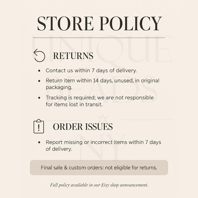 Peut inclure: Un graphique de politique de magasin avec du texte noir sur fond beige clair. Il d&eacute;taille les directives de retour, incluant un d&eacute;lai de contact de 7 jours et de retour de 14 jours, les probl&egrave;mes de commande et les ventes finales non remboursables.