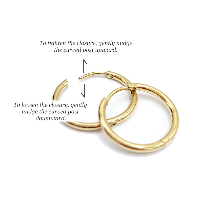 May include: Gold hoop earrings with a hinged closure. Instructions on how to tighten and loosen the closure are included in the image. To tighten, gently nudge the curved post upward. To loosen, gently nudge the curved post downward.