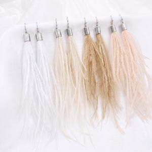 Puede incluir: Una colecci&oacute;n de pendientes largos colgantes con borlas en forma de plumas en varios colores neutros. Cada pendiente presenta una tapa y un gancho de metal plateado. Los colores var&iacute;an del blanco al beige y marr&oacute;n claro, creando una est&eacute;tica suave y elegante.