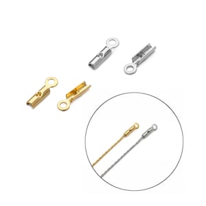 May include: Close-up of jewelry findings in gold and silver tones. The findings include crimp end caps with loops and crimp end clasps. Two finished necklaces are shown in a circular inset, one gold and one silver.