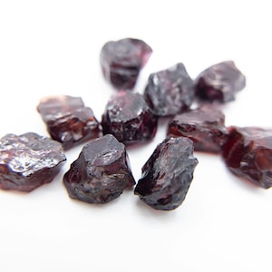 May include: A collection of ten small, rough, dark red garnet gemstones. The garnets are various shapes and sizes, and have a natural, unpolished finish.