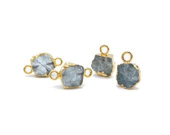 Raw AQUAMARINE Gemstone, Dainty MARCH Birthstone Pendant / Connector, Rough Cut Birthstone Charm 24K Gold Plated, 2 PCs (G03)