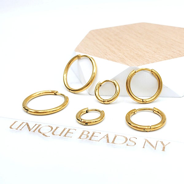 Huggie Hoop One-Touch Hypoallergenic Stainless Steel Earrings, Anti-tarnish 18K Gold PVD Plating Hoop Earrings, Comfortable Sleeper Earrings