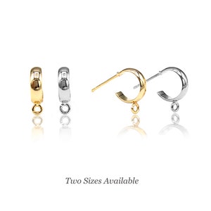 May include: A set of gold and silver-toned hoop earring findings with attached loops for jewelry making. The items are displayed in two orientations, showing the front and side profiles. The text "Two Sizes Available" is printed below the items.