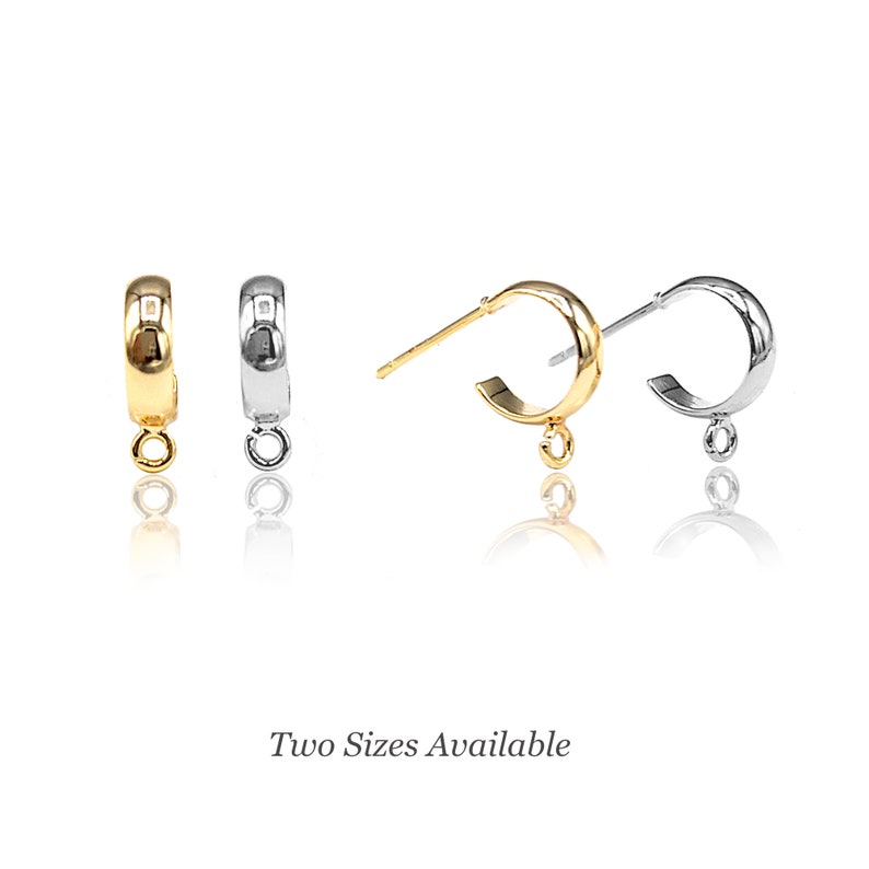 May include: A set of gold and silver-toned hoop earring findings with attached loops for jewelry making. The items are displayed in two orientations, showing the front and side profiles. The text "Two Sizes Available" is printed below the items.