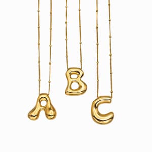 Gold Bubble Letter Necklace • Puffy 3D Initial Pendant on Beaded Satellite Chain • Custom Alphabet Charm • Personalized Jewelry Gift for Her