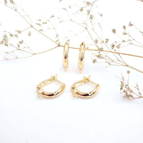 Latch Back One-Touch Hoop Style Earring Findings with Anti-tarnish 18K Gold Plating, Hypoallergenic Earring Component with Attachment Ring