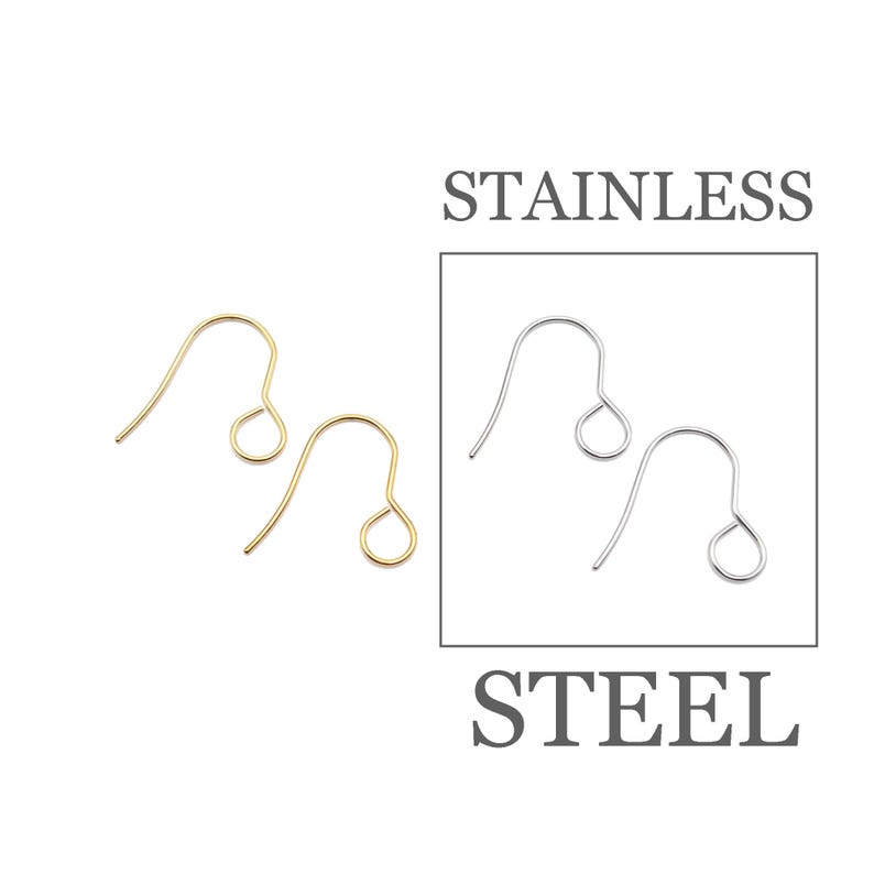 Peut inclure: Deux crochets de boucle d'oreille en m&eacute;tal dor&eacute; et deux crochets en m&eacute;tal argent&eacute; dispos&eacute;s par paires. Le texte STAINLESS STEEL est imprim&eacute; en noir au-dessus et en dessous des crochets argent&eacute;s, encadr&eacute;s par un fin carr&eacute; noir.