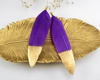Feather Jewelry Pendants in Purple with Gold Dipped Tip and Metal Connector Cap for Jewelry and Crafting, 2 PCs, CLEARANCE (FD001-PR)