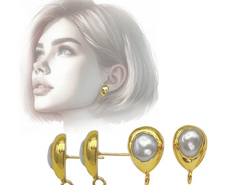 Pearl Earring Post Finding in Teardrop Shape with Loop For Drop & Dangle Earrings, 18K Gold Plated with  Ear Nut, Nickel and Lead-Free Brass