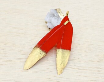 Feather Jewelry Pendants in Red with Gold Dipped Tip and Metal Connector Cap for Jewelry and Crafting, 2 PCs, CLEARANCE (FD001-RD)