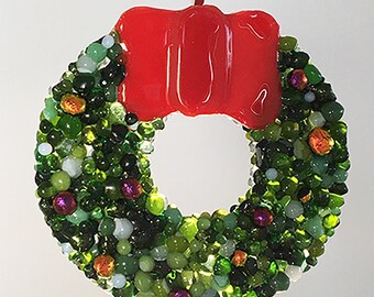 3.5" Fused Glass Wreath with Red Bow — Suncatcher/Keepsake Ornament