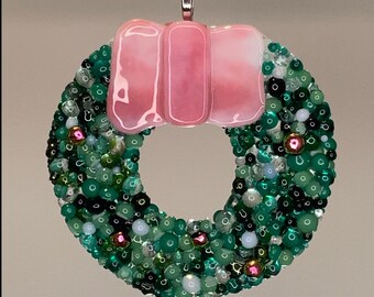 3.5" Fused Glass Wreath with Pink Bow —Suncatcher/Keepsake Ornament