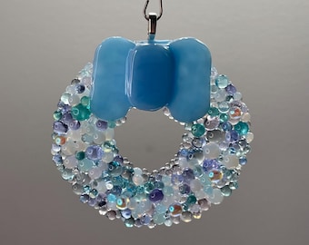 2.5" Fused Glass Wreath with Glacier Blue Bow — Suncatcher/Keepsake Ornament
