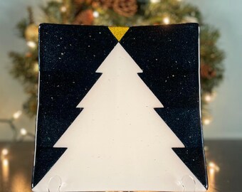 Dichroic Christmas Tree Glass Dish – Aventurine Blue, Holiday Decor
