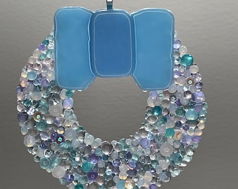 3.5" Fused Glass Wreath with Glacier Blue Bow — Suncatcher/Keepsake Ornament