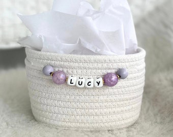 PERSONALIZED Bead Name Gift Basket • Customize Rope Name Custom Monogram Teacher Baby Toy School Storage Basket Cotton Woven