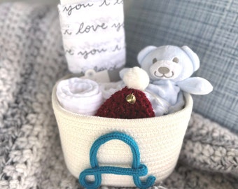 FILLED PERSONALIZED Gift Baby Holiday Basket • Customize Rope Name Custom Monogram Christmas Xmas Newborn Toy Storage Gift Initial Filled
