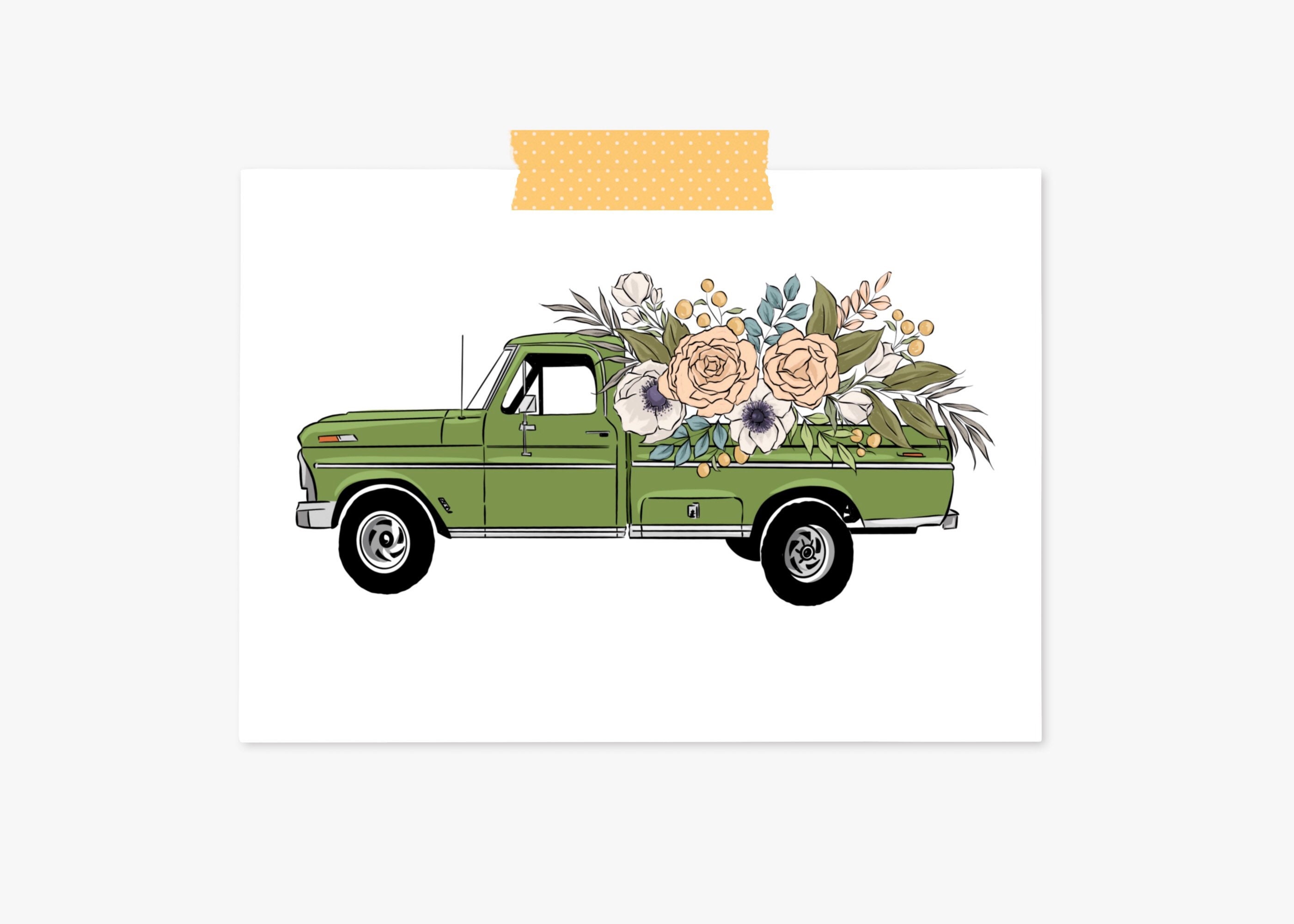 Green vintage truck with flowers art print digital Etsy