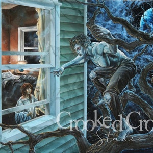 May include: A blue-skinned figure reaches through a window towards a person standing inside. The figure is perched on a tree branch against a dark blue sky with a full moon. The text "Crooked Crow Studio" is visible in the lower right corner.