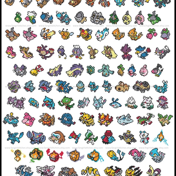 Pokemon parodie Génération IV (quatrième, 4ème) grille point de croix avec 119 pokemon - Patron PDF