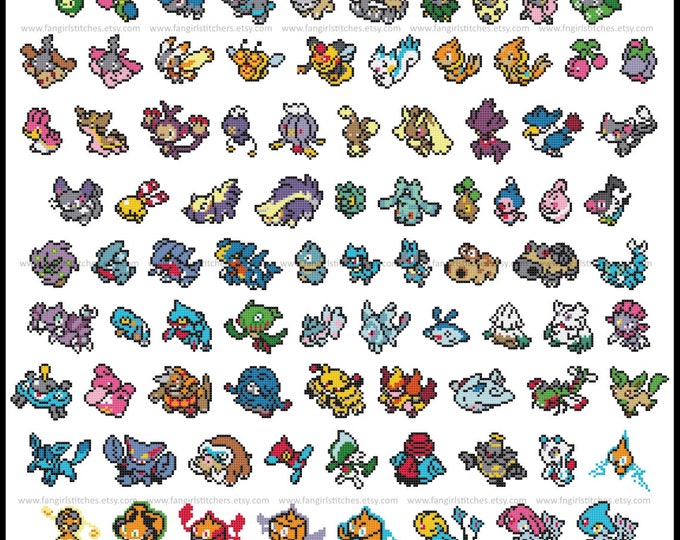 Pokemon parody Generation IV (fourth, 4th) cross stitch pattern featuring 119 pokemon - PDF Pattern