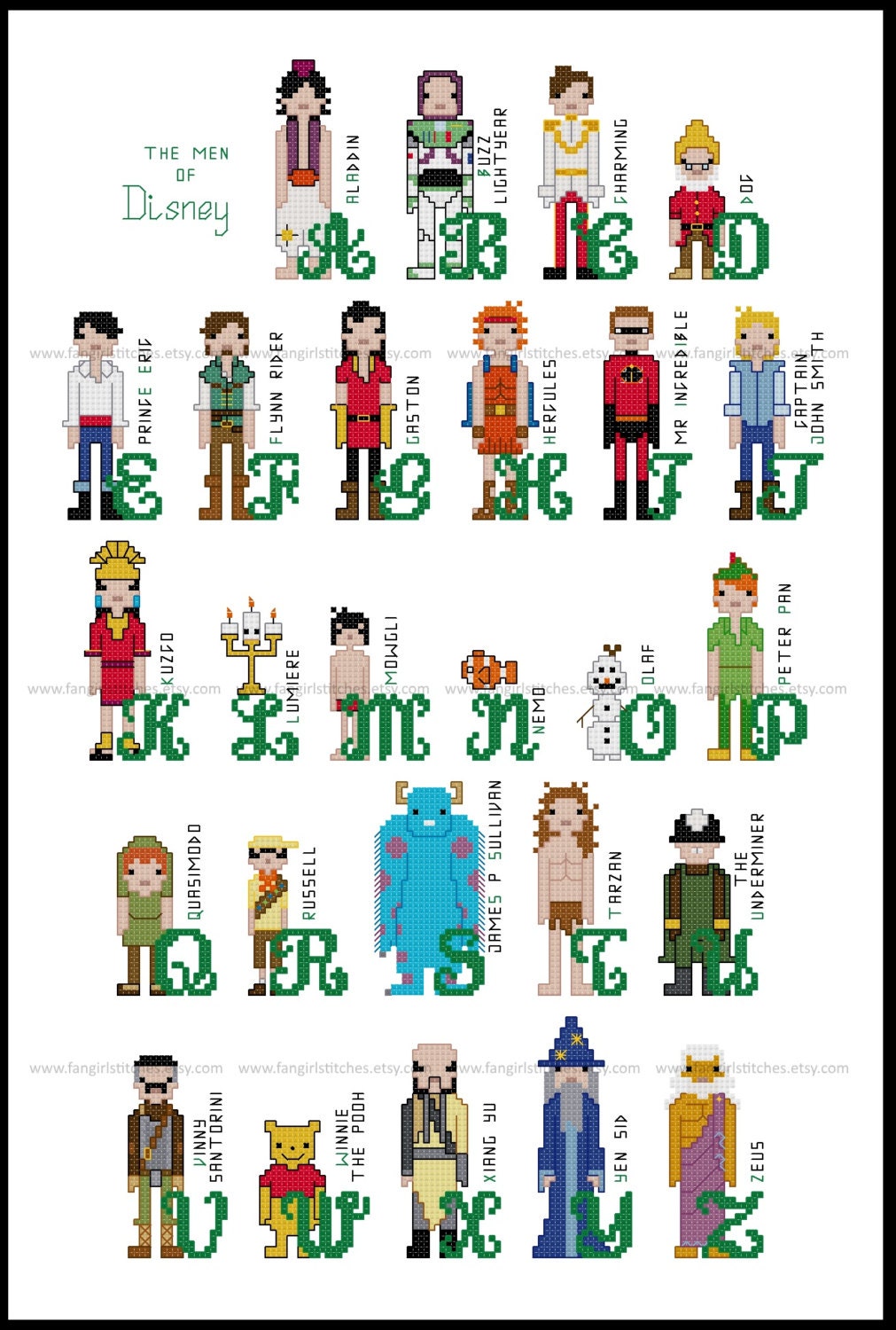 Disney Inspired Male Character Alphabet Cross Stitch PDF Pattern 