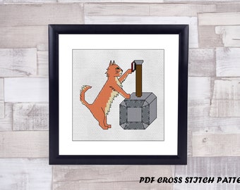 Cat and Mjölnir Thor's hammer counted cross stitch pattern - PDF Pattern - INSTANT DOWNLOAD