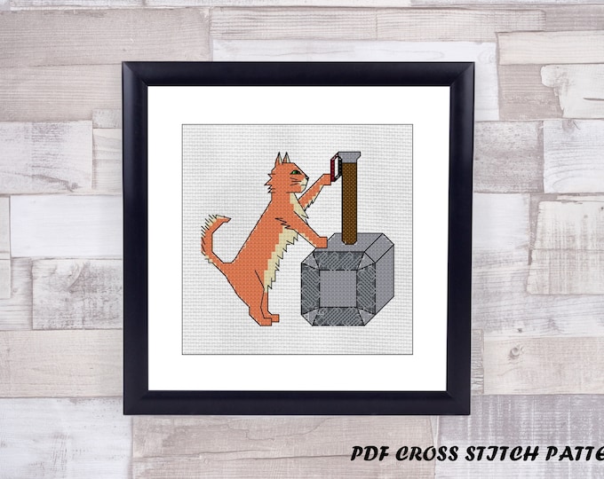 Cat and Mjölnir Thor's hammer counted cross stitch pattern - PDF Pattern - INSTANT DOWNLOAD