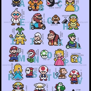 May include: A colorful alphabet chart featuring pixelated characters from the Super Mario Bros. video game franchise. Each letter is paired with a character, such as Mario, Luigi, Princess Peach, and Bowser.