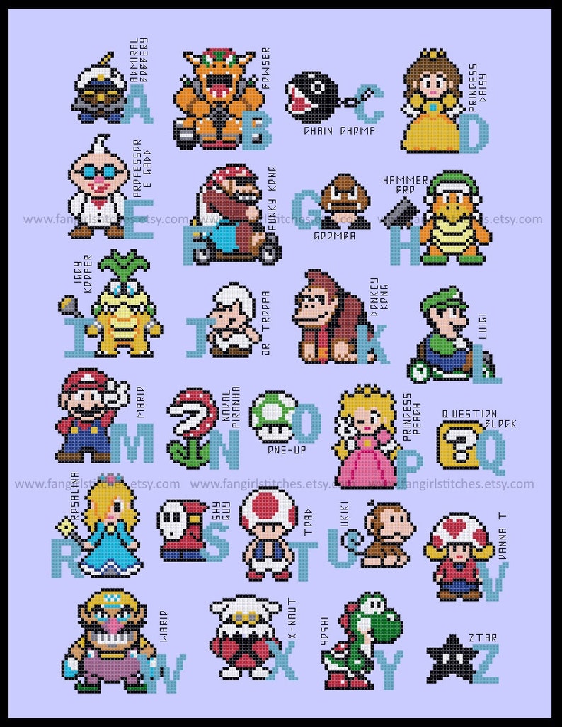 May include: A colorful alphabet chart featuring pixelated characters from the Super Mario Bros. video game franchise. Each letter is paired with a character, such as Mario, Luigi, Princess Peach, and Bowser.