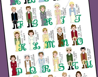 Jane Austen inspired Character Alphabet Cross Stitch pattern - PDF Pattern - INSTANT DOWNLOAD