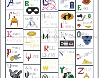 Geeky Geekery inspired Alphabet Cross Stitch Sampler - PDF Pattern INSTANT Download