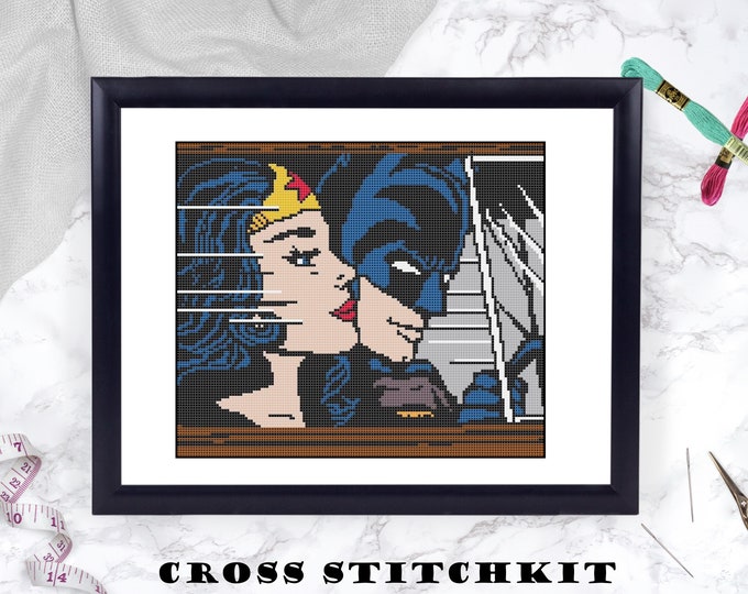 Complete counted cross stitch kit - Unofficial Batman and Wonder Woman - Iconic Pop Art Imagery