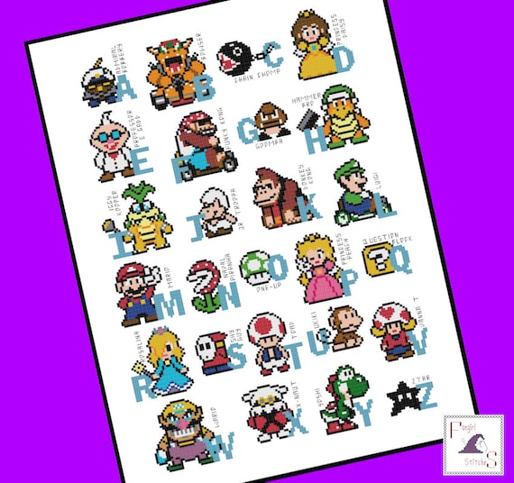 Mario Brothers Inspired Character Alphabet Cross Stitch Pattern