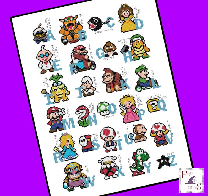 May include: A colorful alphabet chart featuring pixelated characters from the Super Mario Bros. video game franchise. Each letter is paired with a different character, such as Mario, Luigi, Princess Peach, and Donkey Kong.