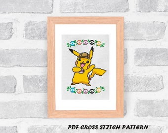 Unofficial Pokemon Pikachu Hat Coffee Cross Stitch Pattern - PDF Pattern - INSTANT DOWNLOAD