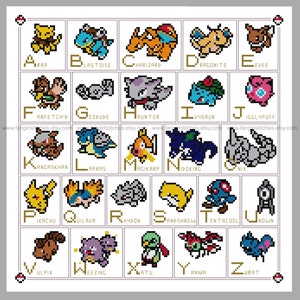 May include: A colorful alphabet chart featuring pixelated Pokemon characters. Each letter of the alphabet is paired with a different Pokemon, such as Abra, Blastoise, Charizard, Dragonite, and Eevee.