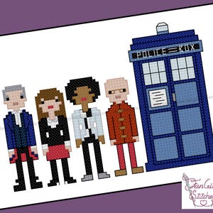 May include: Cross stitch pattern featuring five characters from the Doctor Who television series, including the Doctor, a companion, and the TARDIS. The TARDIS is blue with a white POLICE BOX sign. The characters are pixelated and colorful.