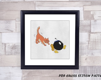 Cat and Bomb counted cross stitch pattern - PDF Pattern - INSTANT DOWNLOAD