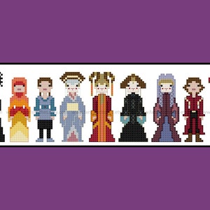 May include: Cross-stitch pattern featuring 10 female characters in various colorful outfits. The characters are all standing in a row and have different hairstyles and facial expressions. The pattern is titled "Fangirl Stitches".