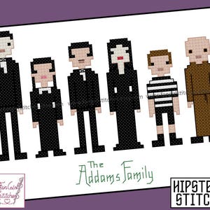 May include: Cross-stitch pattern of the Addams Family characters, including Gomez, Morticia, Wednesday, Pugsley, and Uncle Fester. The pattern is in black, white, brown, and red.