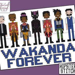May include: Cross-stitch pattern featuring characters from the film Black Panther. The characters are in a line, with the text "Wakanda Forever" below them. The pattern is in black, white, blue, red, yellow, and green.
