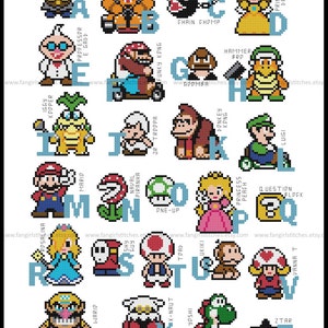 May include: A colorful alphabet chart featuring characters from the Super Mario Bros. video game franchise. Each letter is paired with a different character, such as Mario, Luigi, Princess Peach, and Bowser. The characters are depicted in a pixelated style, reminiscent of the classic video games.