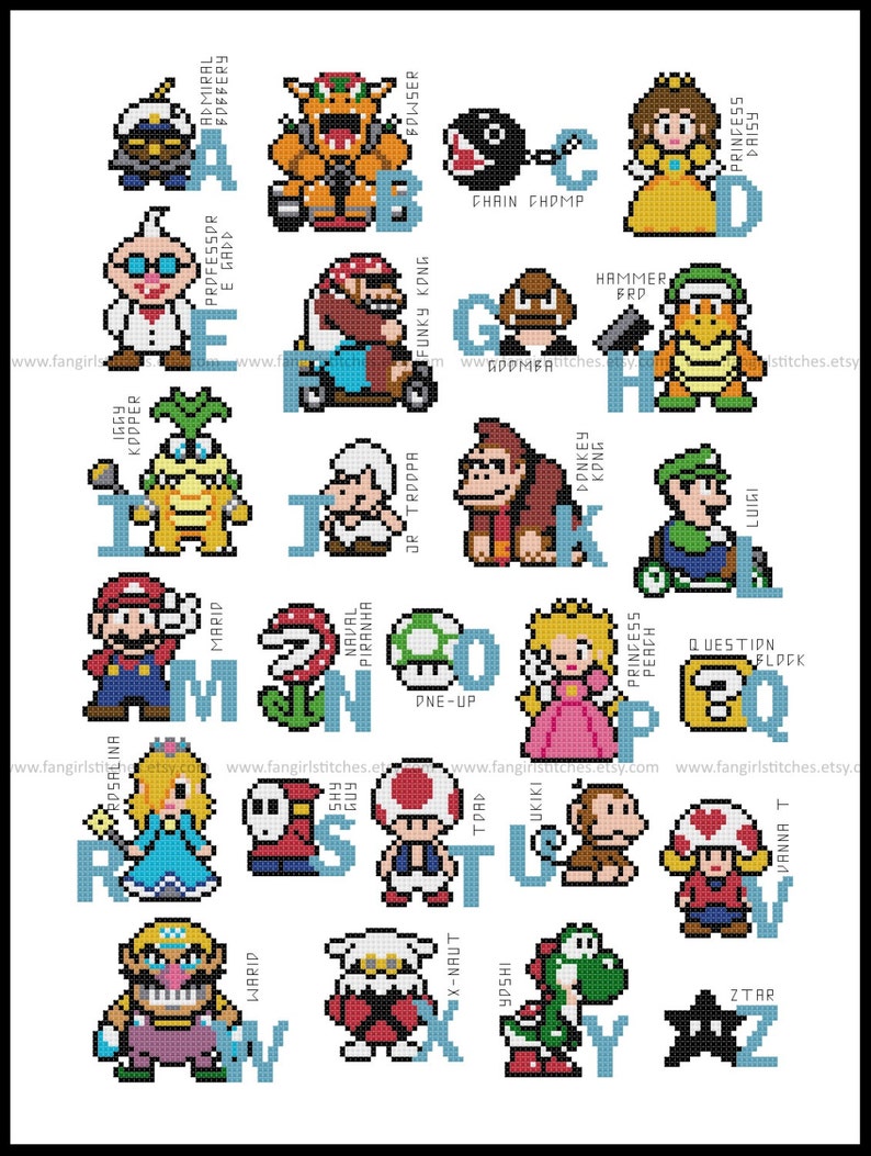 May include: A colorful alphabet chart featuring characters from the Super Mario Bros. video game franchise. Each letter is paired with a different character, such as Mario, Luigi, Princess Peach, and Bowser. The characters are depicted in a pixelated style, reminiscent of the classic video games.